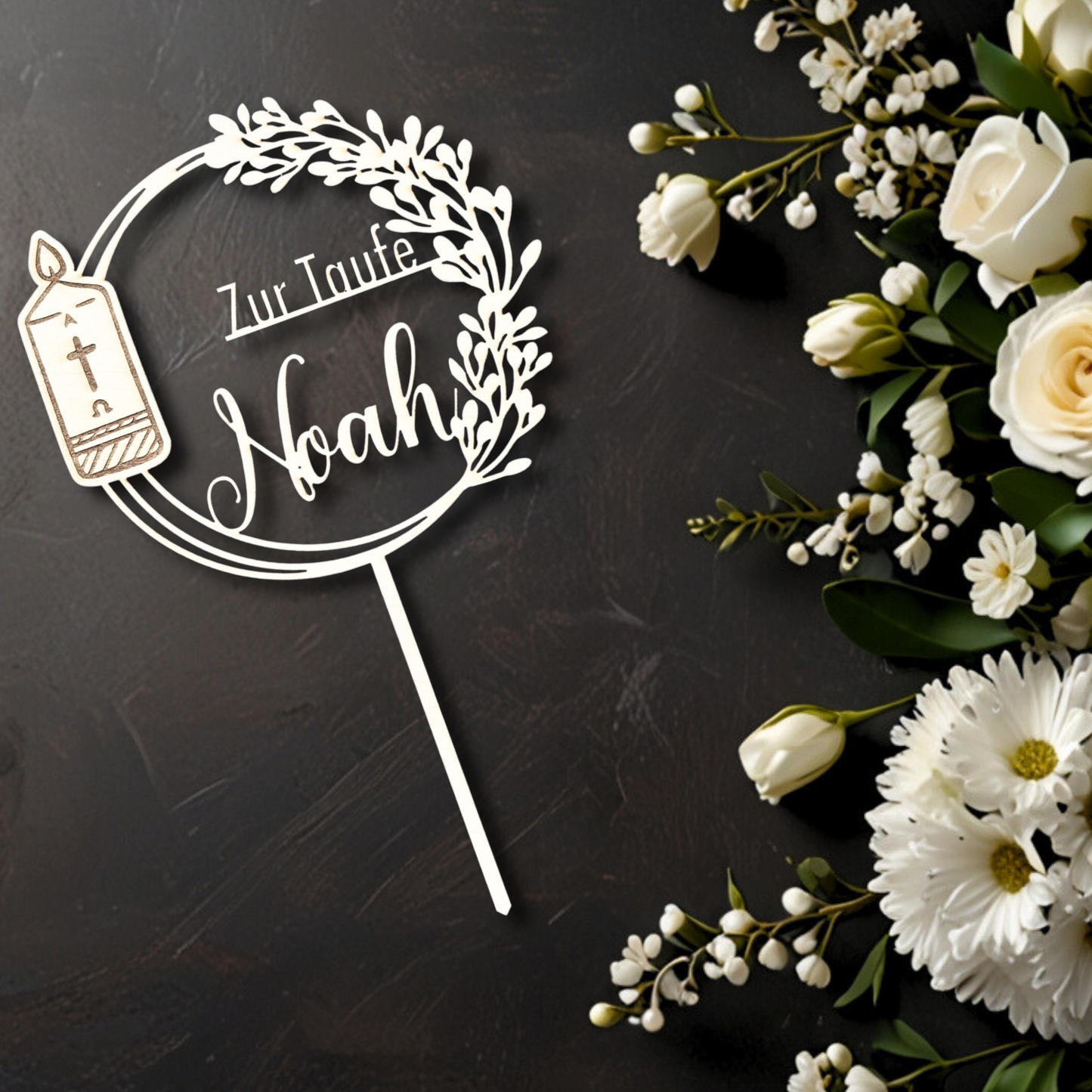 Taufe Cake Topper "Kerze" Personalisiert aus Holz - Happy Bumblebee