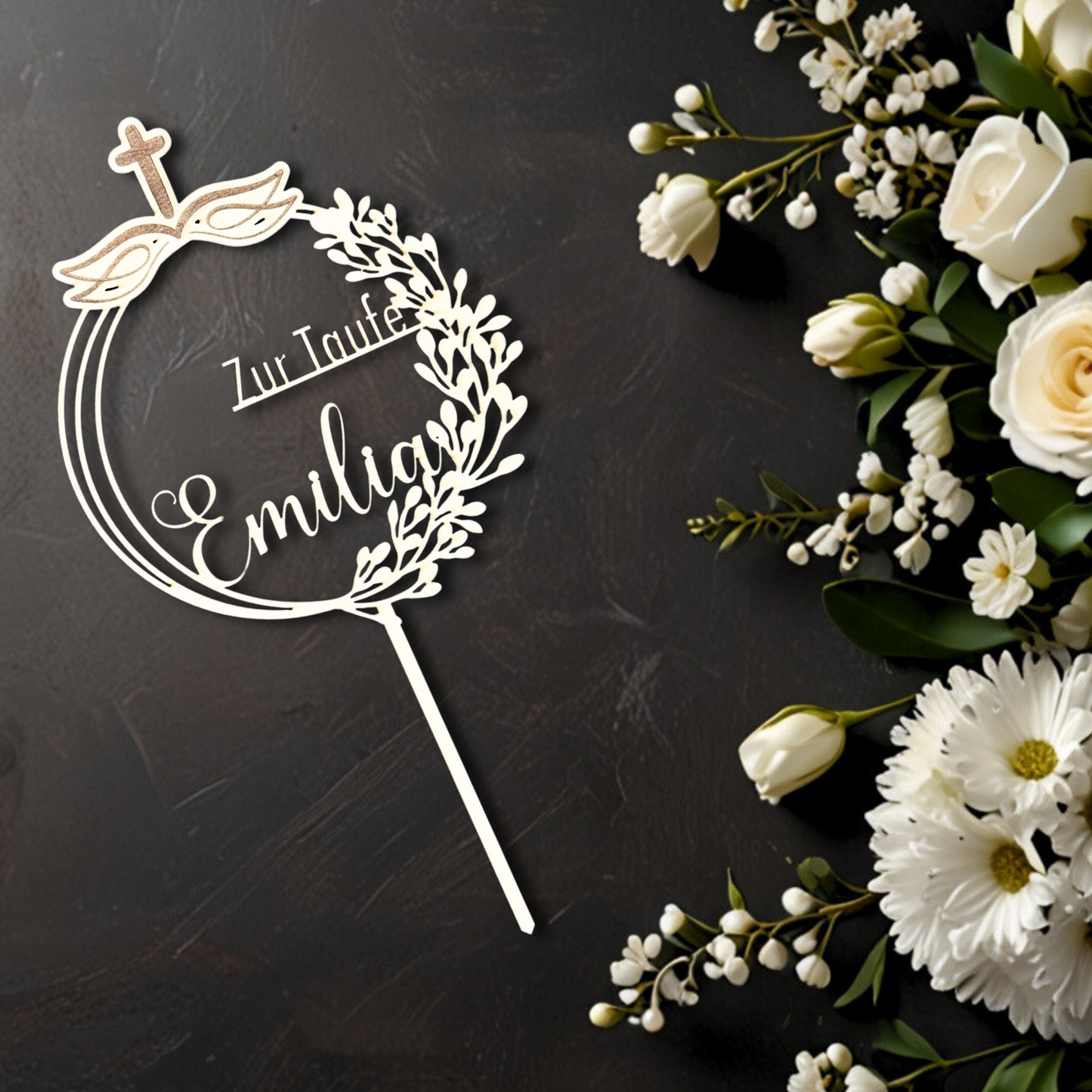 Taufe Cake Topper "Kreuz" Personalisiert aus Holz - Happy Bumblebee