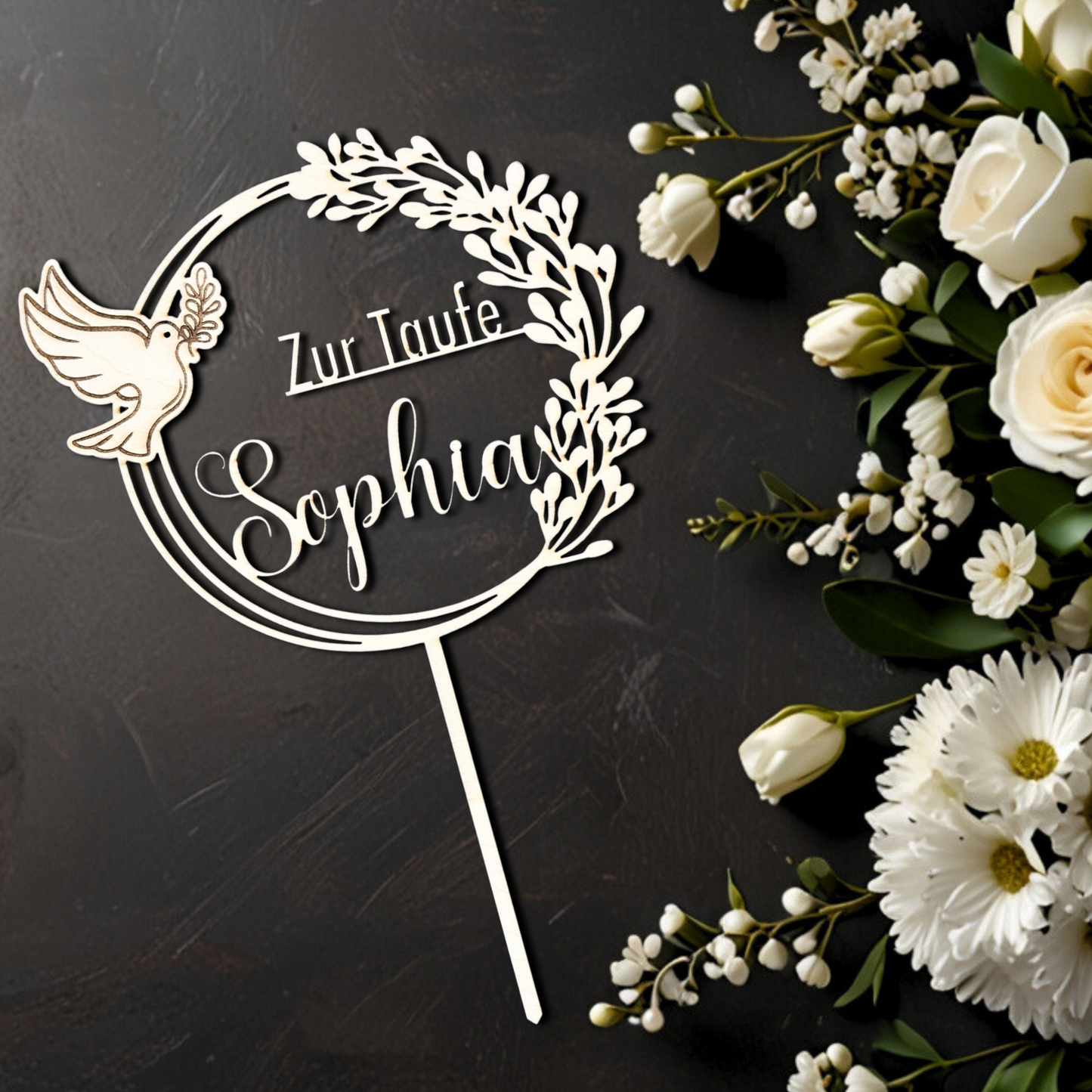 Taufe Cake Topper "Taube" Personalisiert aus Holz - Happy Bumblebee