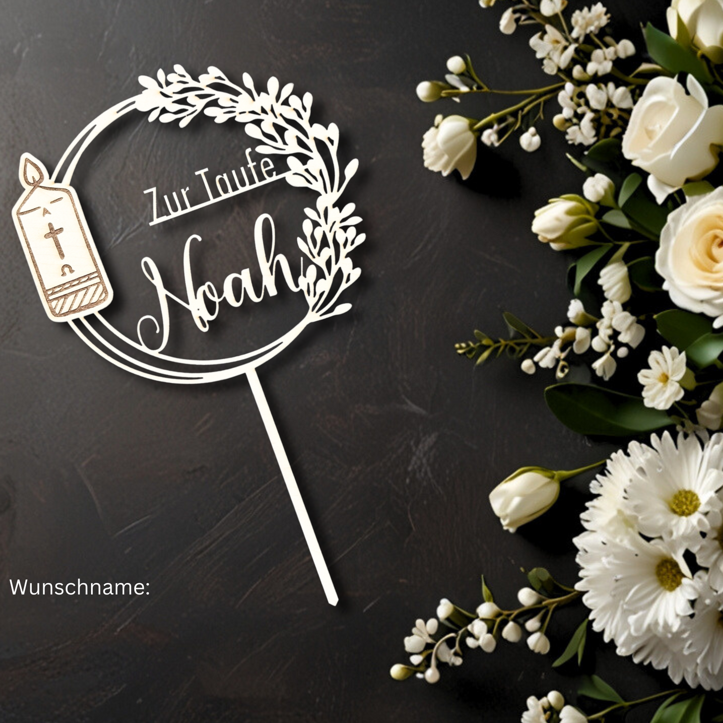 Taufe Cake Topper "Kerze" Personalisiert aus Holz - Happy Bumblebee