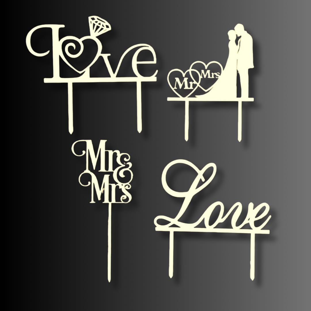 HappyBumblebee Cake Topper aus Holz, Tortenstecker, Kuchendeko, Topper Kuchen, Hochzeit, (4er Set)