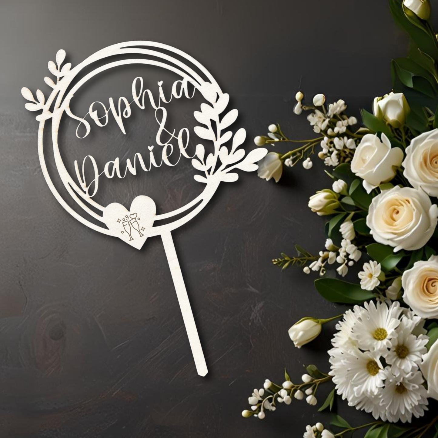 Hochzeit Cake Topper "Variante 8" Personalisiert aus Holz - Happy Bumblebee