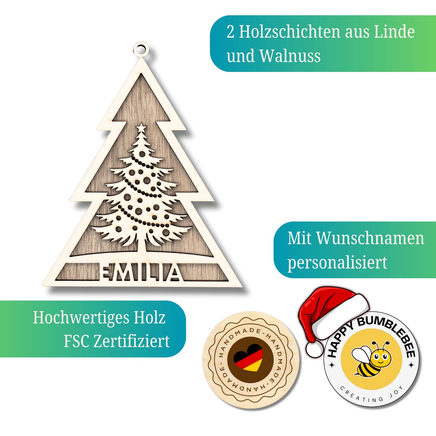 Happy Bumblebee - Personalisierter Weihnachtsbaum Anhänger – Wunschnamen und Motiveauswahl – Nachhaltiger Christbaumschmuck mit Wunschname