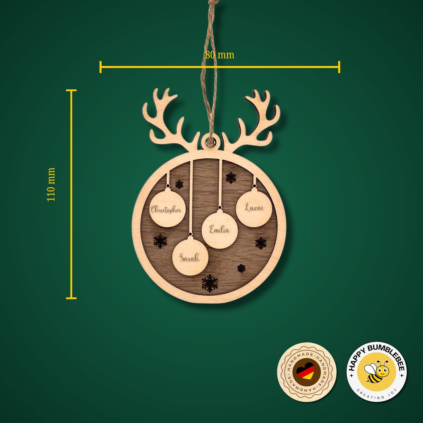 Happy Bumblebee - Personalisierter Weihnachtsbaum Anhänger – Wunschnamen und Motiveauswahl – Nachhaltiger Christbaumschmuck mit Wunschname