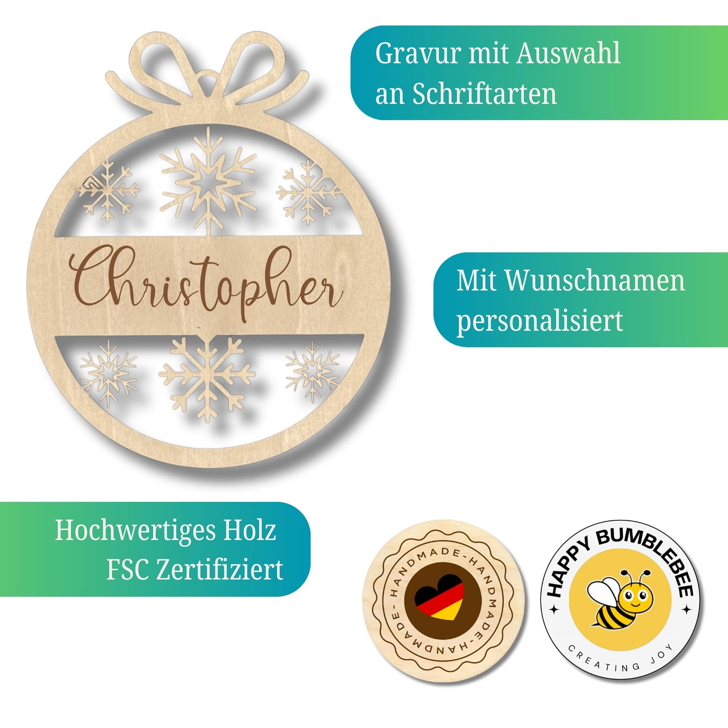 Happy Bumblebee - Personalisierter Weihnachtsbaum Anhänger – Wunschnamen und Motiveauswahl – Nachhaltiger Christbaumschmuck mit Wunschname