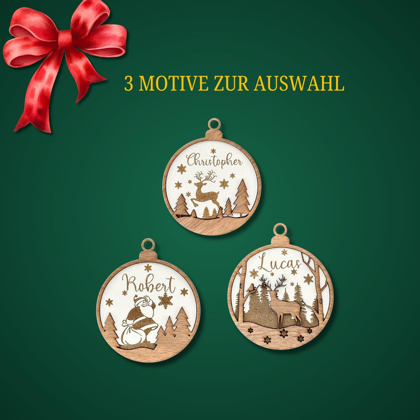 Happy Bumblebee - Personalisierter Weihnachtsbaum Anhänger – Wunschnamen und Motiveauswahl – Nachhaltiger Christbaumschmuck mit Wunschname
