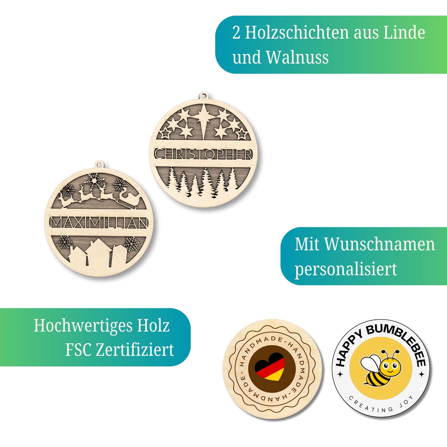Happy Bumblebee - Personalisierter Weihnachtsbaum Anhänger – Wunschnamen und Motiveauswahl – Nachhaltiger Christbaumschmuck mit Wunschname
