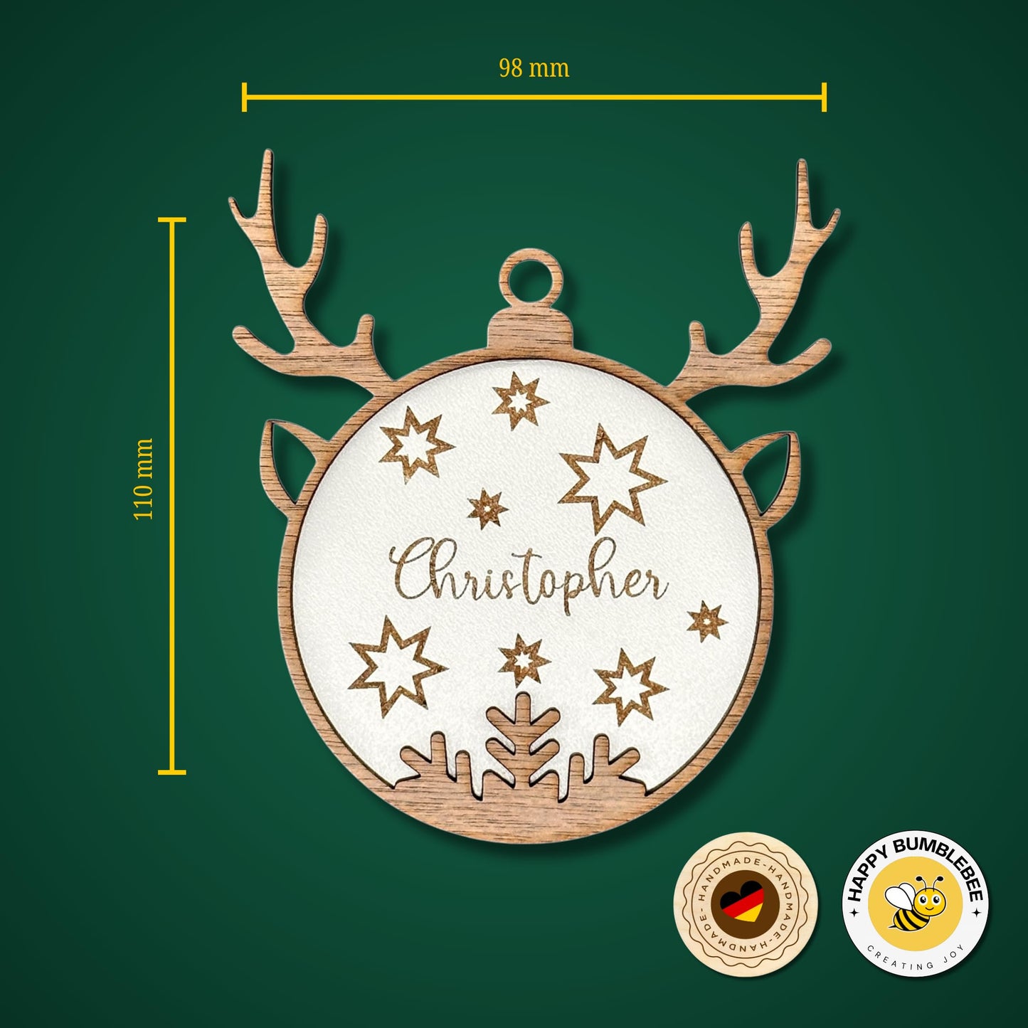 Happy Bumblebee - Personalisierter Weihnachtsbaum Anhänger – Wunschnamen und Motiveauswahl – Nachhaltiger Christbaumschmuck mit Wunschname