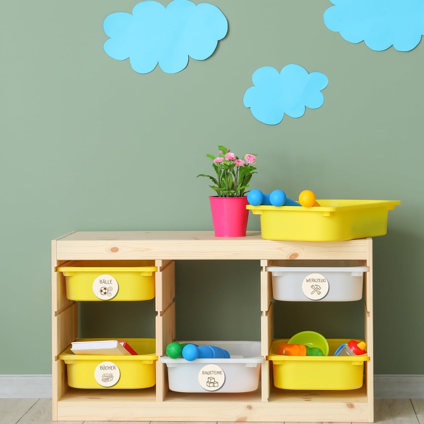 Kinderzimmer Ordnungsetiketten, Personalisierte Holzetiketten für Aufbewahrungsboxen, Wunschtext & Wunschmotiv, Spielzeug- & Kinderzimmerorganisation z.B. für Ikea Trofast - 2 Größen