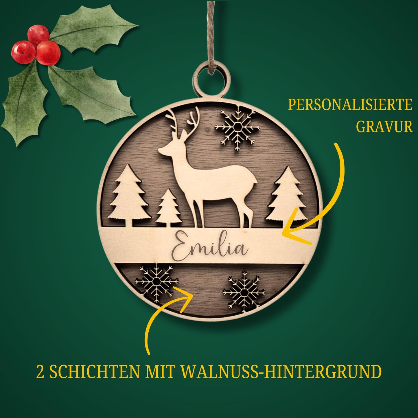 Happy Bumblebee - Personalisierter Weihnachtsbaum Anhänger – Wunschnamen und Motiveauswahl – Nachhaltiger Christbaumschmuck mit Wunschname