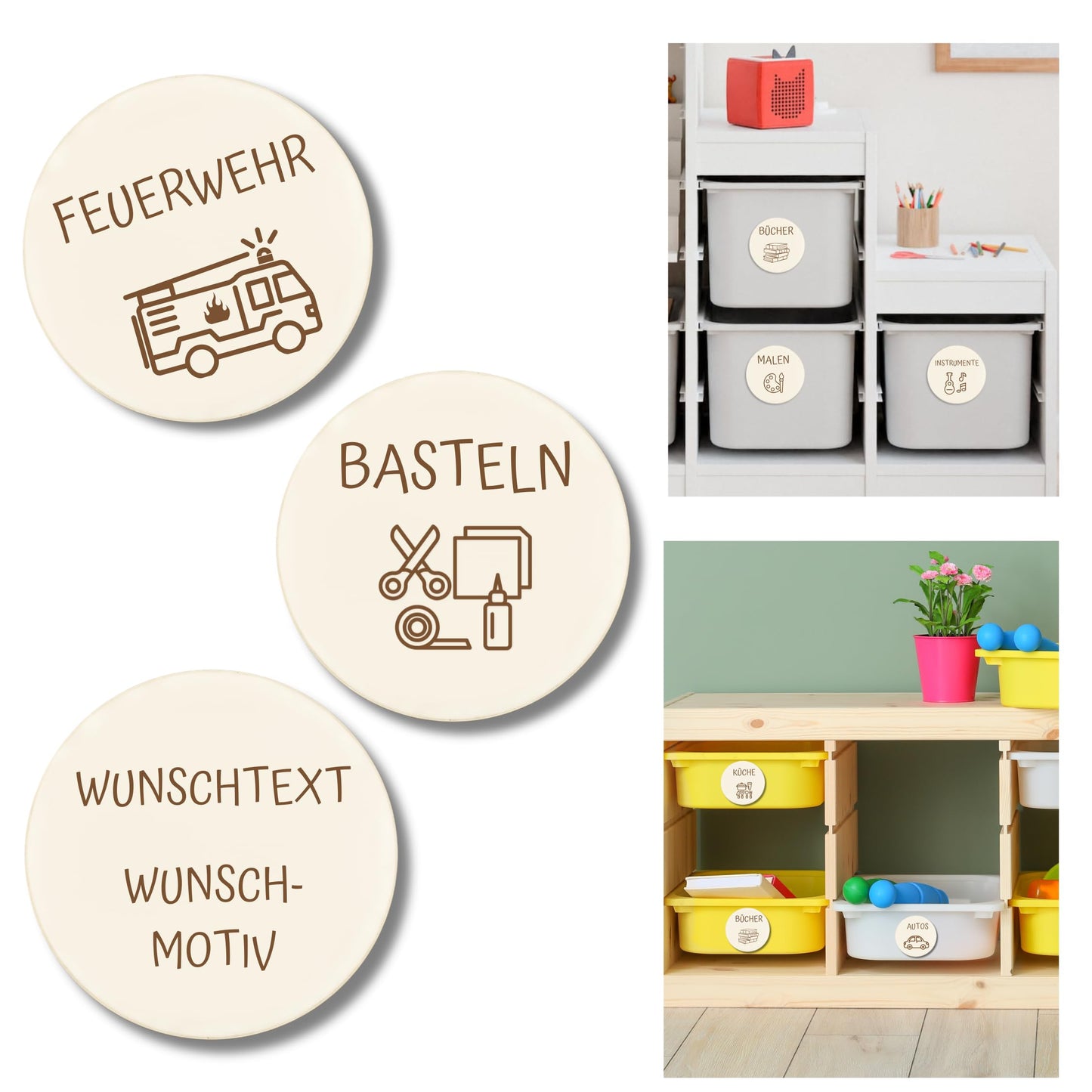 Kinderzimmer Ordnungsetiketten, Personalisierte Holzetiketten für Aufbewahrungsboxen, Wunschtext & Wunschmotiv, Spielzeug- & Kinderzimmerorganisation z.B. für Ikea Trofast - 2 Größen