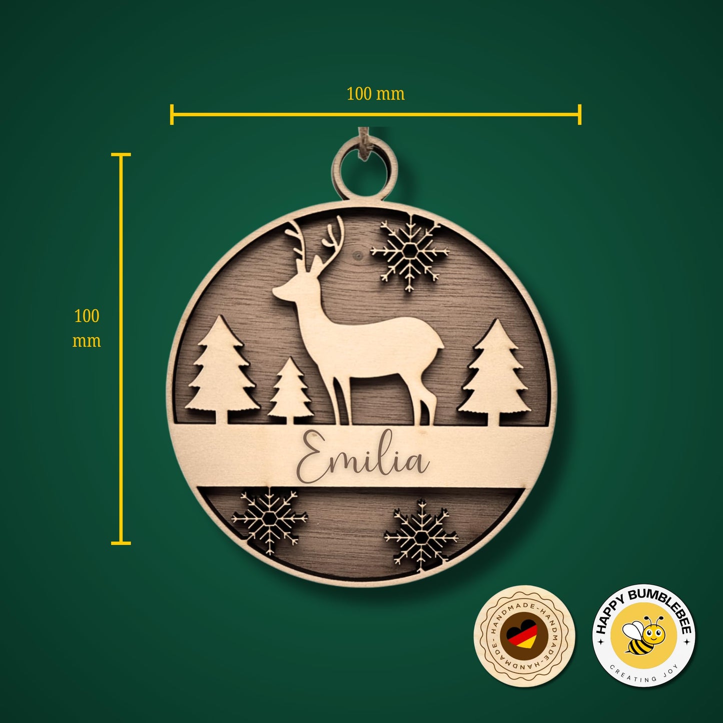 Happy Bumblebee - Personalisierter Weihnachtsbaum Anhänger – Wunschnamen und Motiveauswahl – Nachhaltiger Christbaumschmuck mit Wunschname