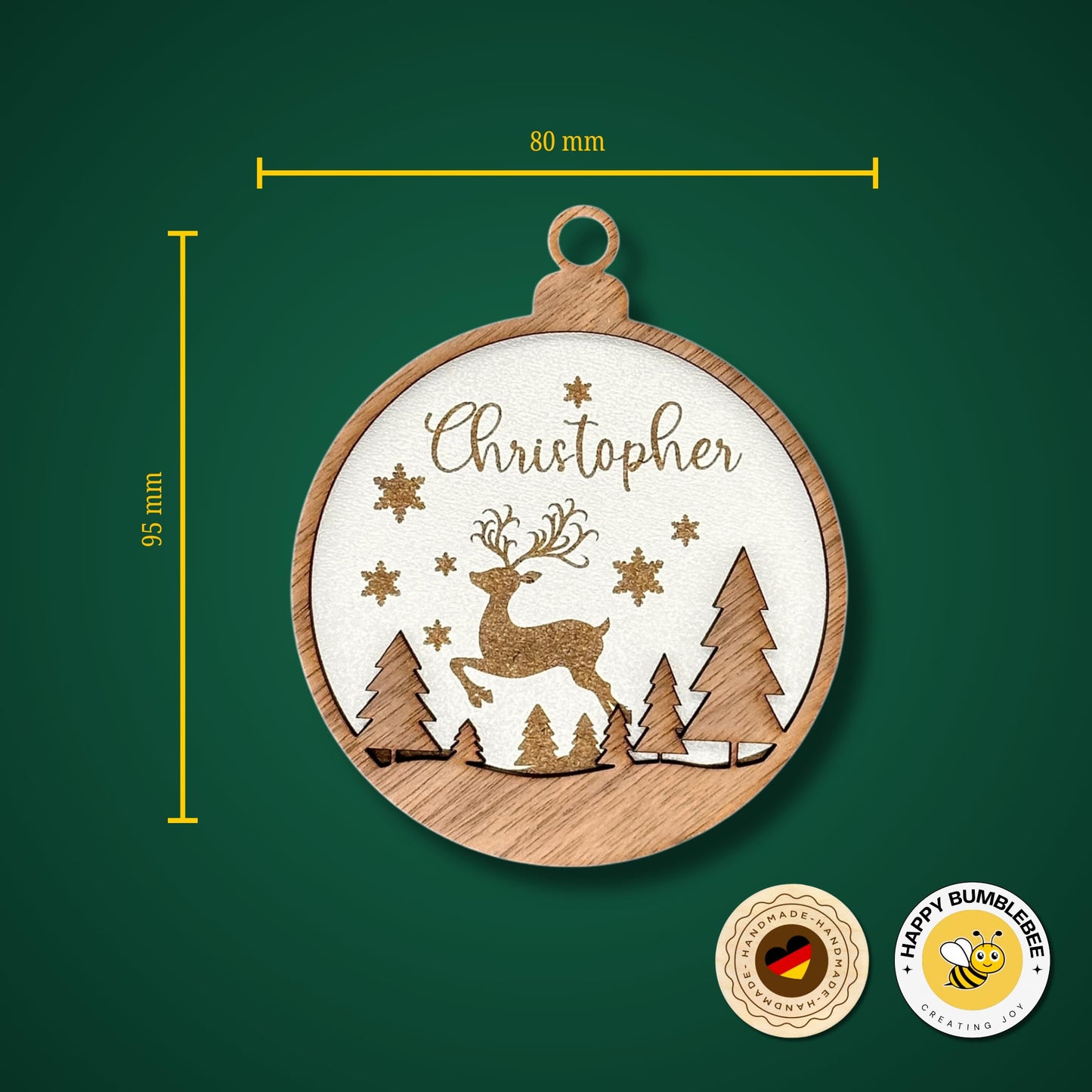 Happy Bumblebee - Personalisierter Weihnachtsbaum Anhänger – Wunschnamen und Motiveauswahl – Nachhaltiger Christbaumschmuck mit Wunschname