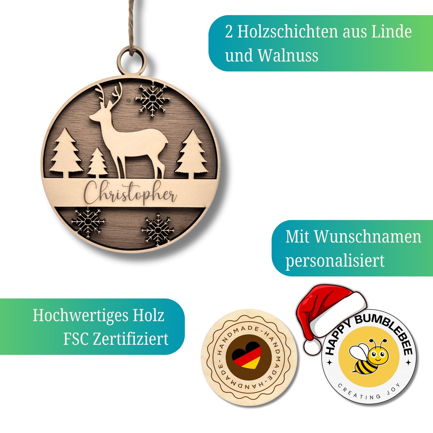 Happy Bumblebee - Personalisierter Weihnachtsbaum Anhänger – Wunschnamen und Motiveauswahl – Nachhaltiger Christbaumschmuck mit Wunschname