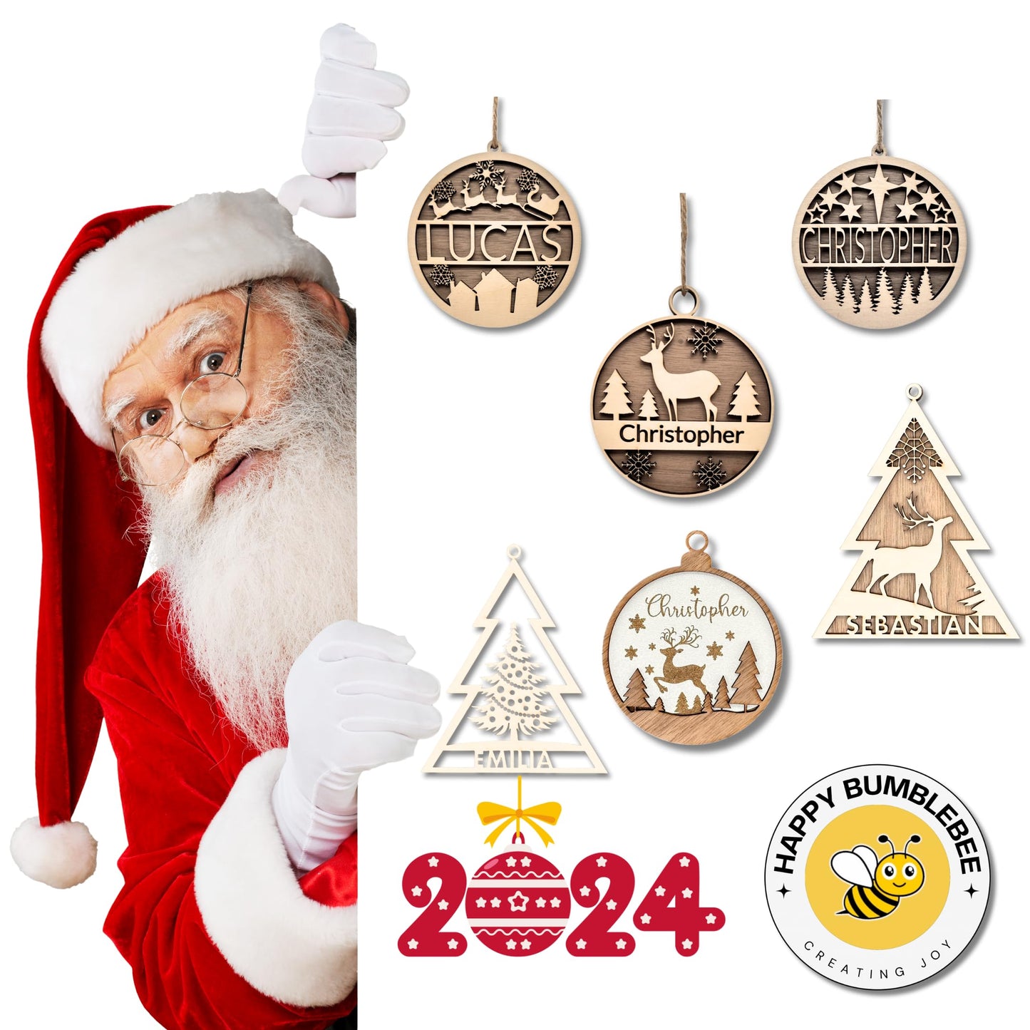 Happy Bumblebee - Personalisierter Weihnachtsbaum Anhänger – Wunschnamen und Motiveauswahl – Nachhaltiger Christbaumschmuck mit Wunschname
