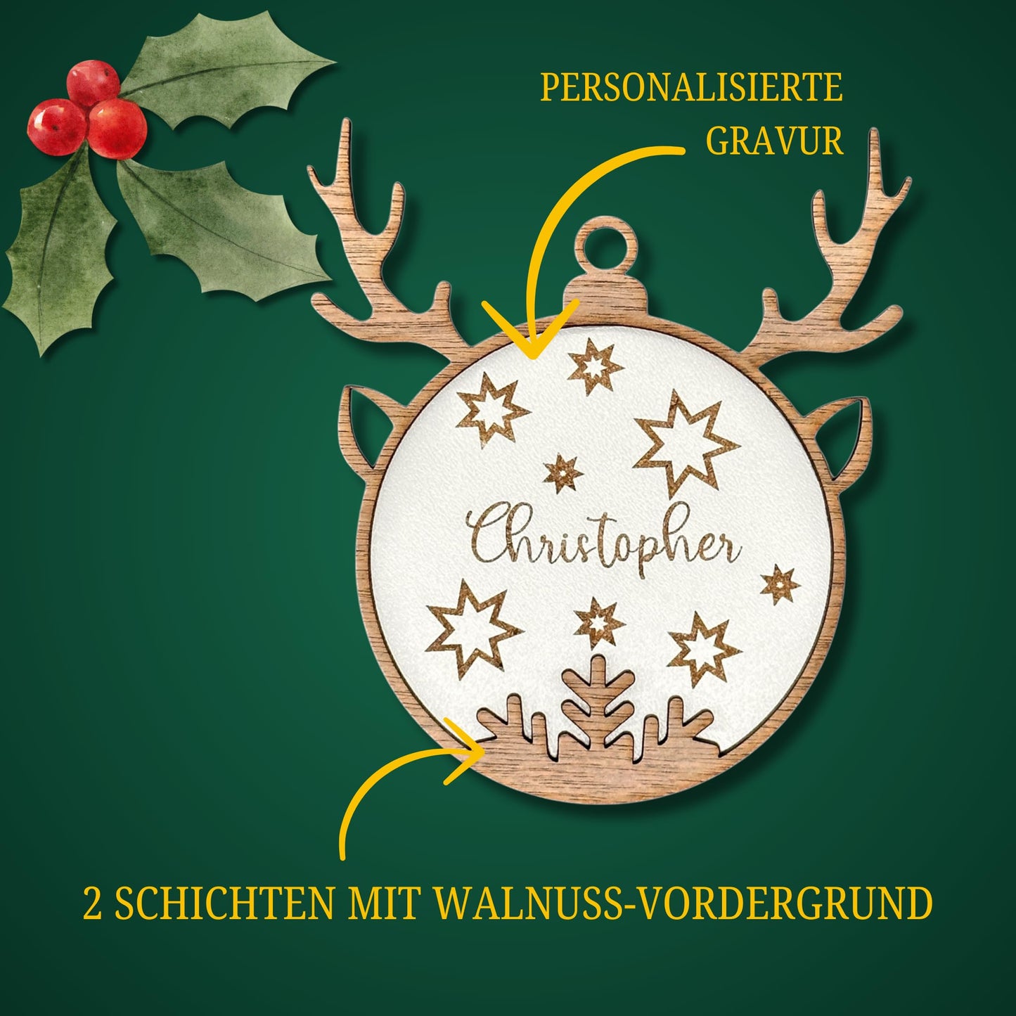 Happy Bumblebee - Personalisierter Weihnachtsbaum Anhänger – Wunschnamen und Motiveauswahl – Nachhaltiger Christbaumschmuck mit Wunschname