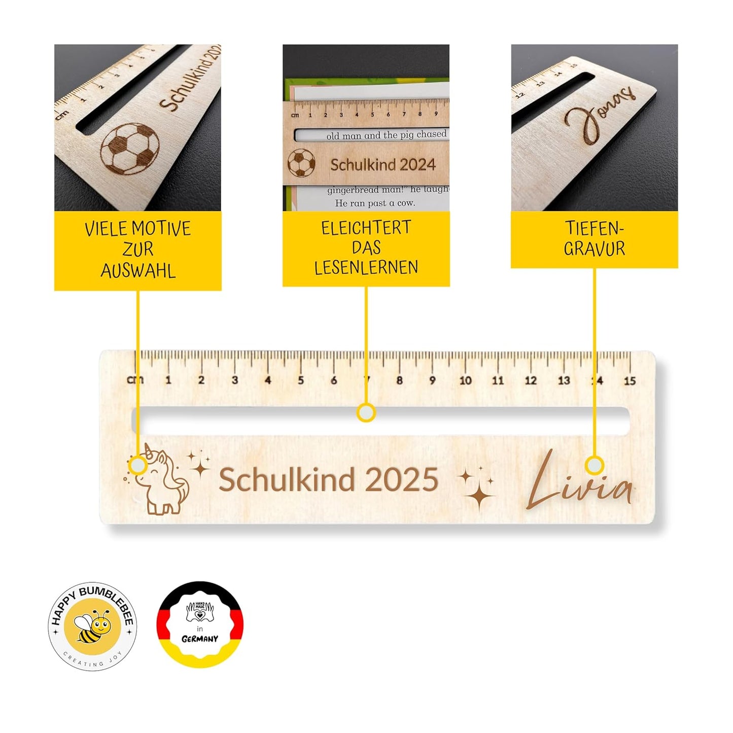Happy Bumblebee® Lesehilfe Personalisiert Einschulung – Ideales Einschulungsgeschenk für Jungs & Mädchen - Geschenke zur Einschulung, Schulanfang, Geschenke zum Schulbeginn, Lesehilfe Kinder