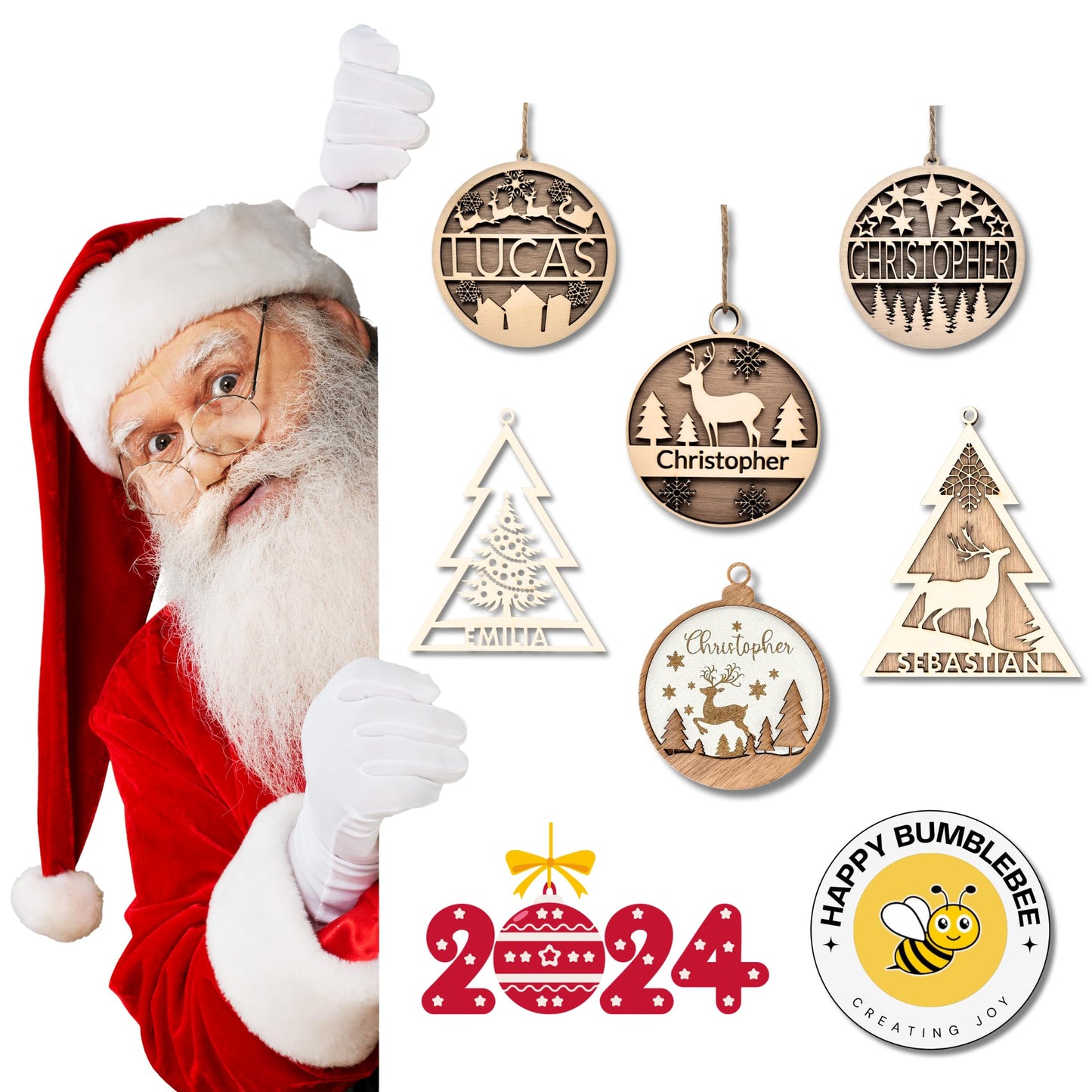 Happy Bumblebee - Personalisierter Weihnachtsbaum Anhänger – Wunschnamen und Motiveauswahl – Nachhaltiger Christbaumschmuck mit Wunschname