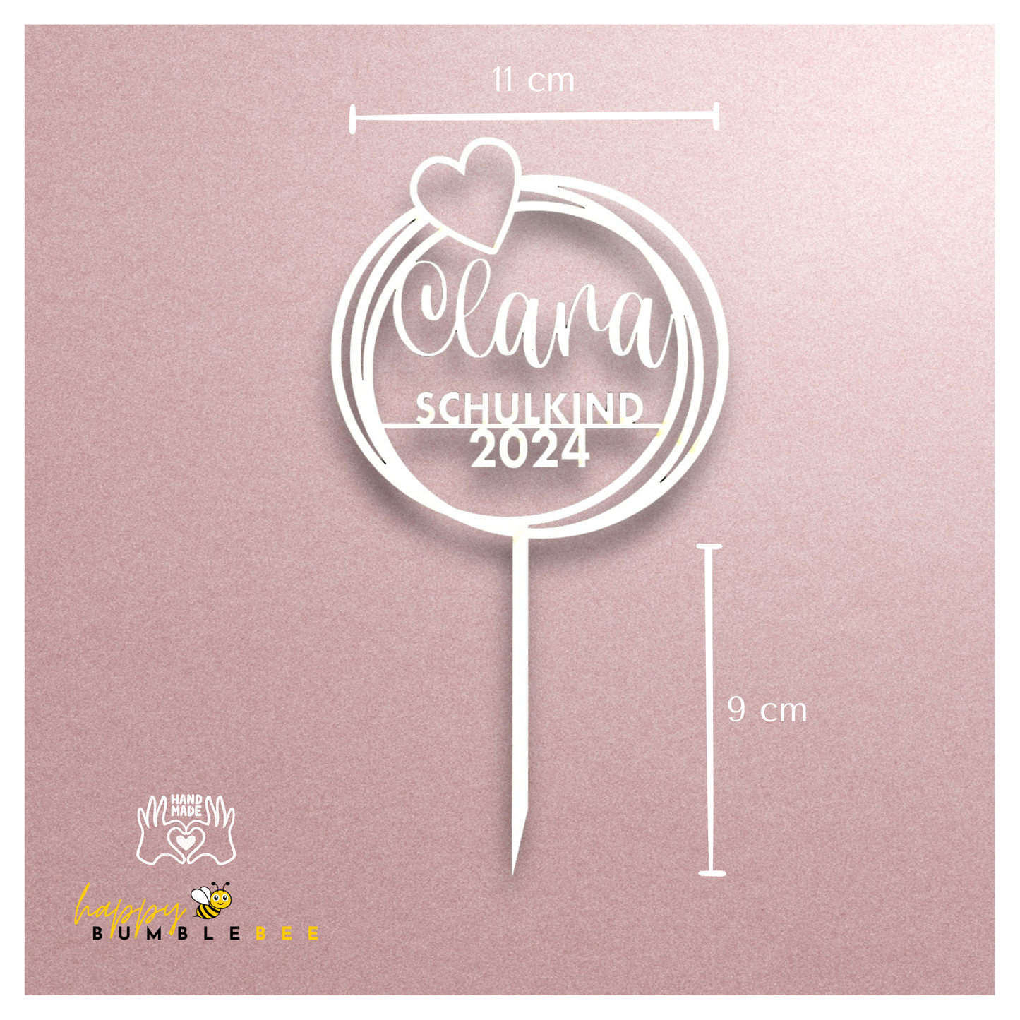Einschulung Cake Topper "Herz" Personalisiert aus Holz - Happy Bumblebee