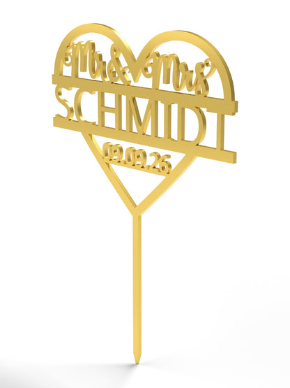 Hochzeit Cake Topper "Mr & Mrs im Herz" Personalisiert - Happy Bumblebee