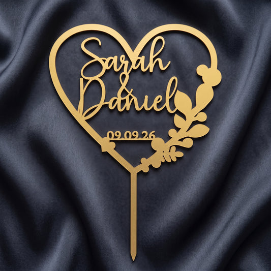 Hochzeit Cake Topper Herz mit Eukalyptus in Gold auf dunkler Seide