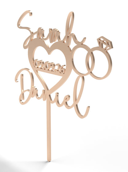 Hochzeit Cake Topper "Namen im Herz mit Ringen" Personalisiert - Happy Bumblebee