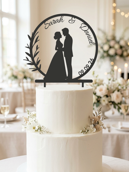 Cake Topper Brautpaar im Zweigkranz Gold, Pose Von Angesicht zu Angesicht, Nahaufnahme