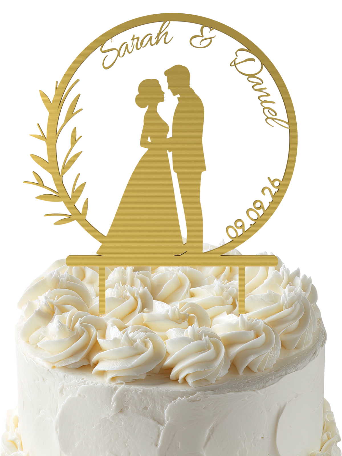Cake Topper Brautpaar im Zweigkranz Gold, Pose Seite an Seite, Nahaufnahme