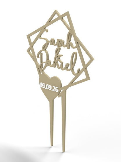 Hochzeit Cake Topper "Doppelquadrat mit Datumsherz" Personalisiert - Happy Bumblebee