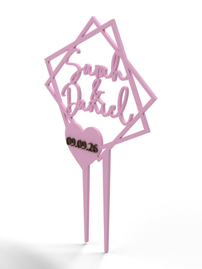 Hochzeit Cake Topper "Doppelquadrat mit Datumsherz" Personalisiert - Happy Bumblebee
