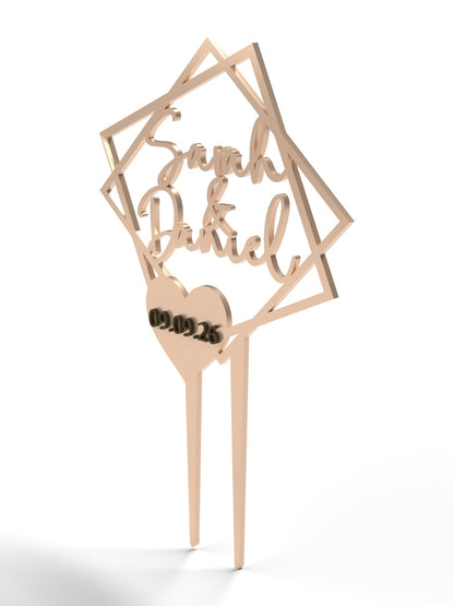 Hochzeit Cake Topper "Doppelquadrat mit Datumsherz" Personalisiert - Happy Bumblebee