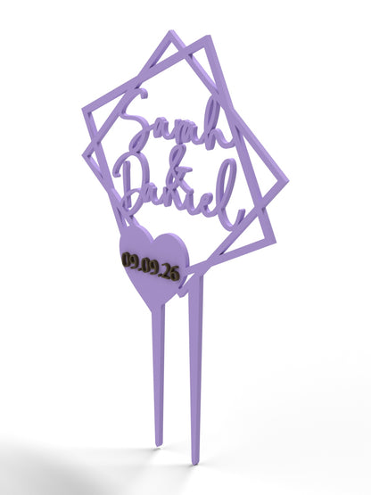 Hochzeit Cake Topper "Doppelquadrat mit Datumsherz" Personalisiert - Happy Bumblebee