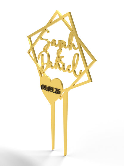 Hochzeit Cake Topper "Doppelquadrat mit Datumsherz" Personalisiert - Happy Bumblebee