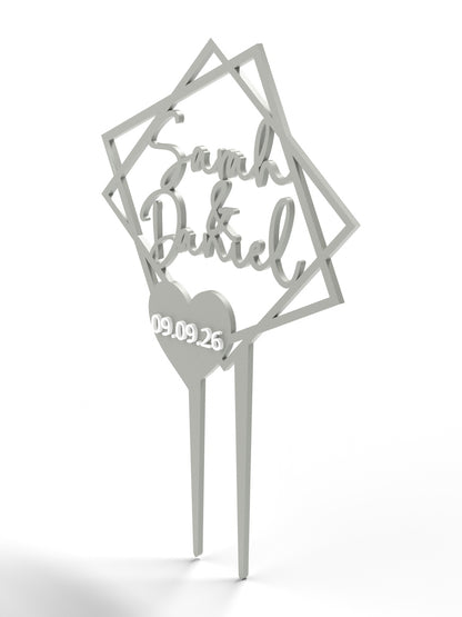 Hochzeit Cake Topper "Doppelquadrat mit Datumsherz" Personalisiert - Happy Bumblebee