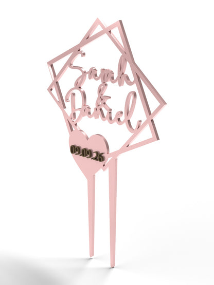 Hochzeit Cake Topper "Doppelquadrat mit Datumsherz" Personalisiert - Happy Bumblebee