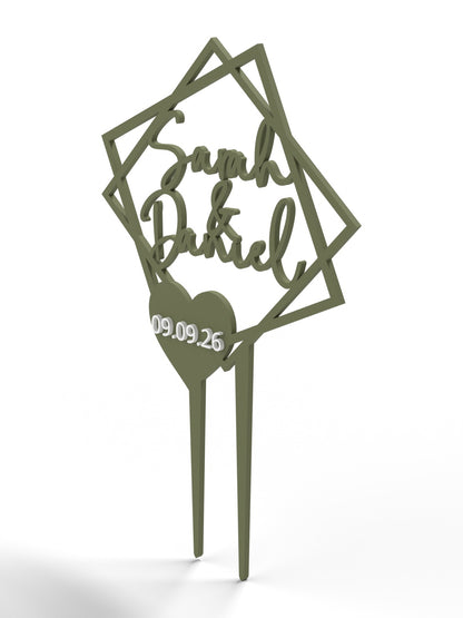 Hochzeit Cake Topper "Doppelquadrat mit Datumsherz" Personalisiert - Happy Bumblebee