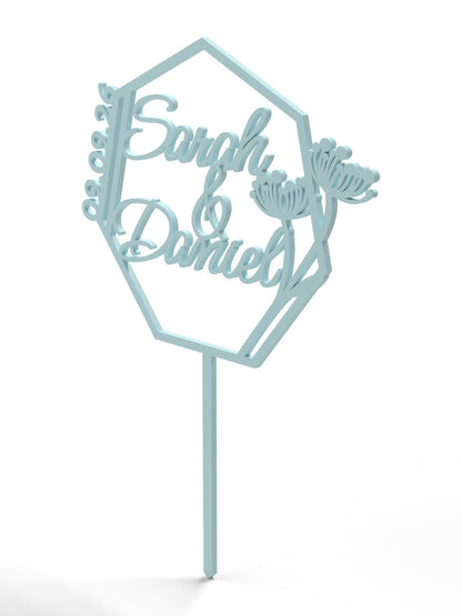 Hochzeit Cake Topper "Namen im Vieleck mit Blüten" Personalisiert - Happy Bumblebee