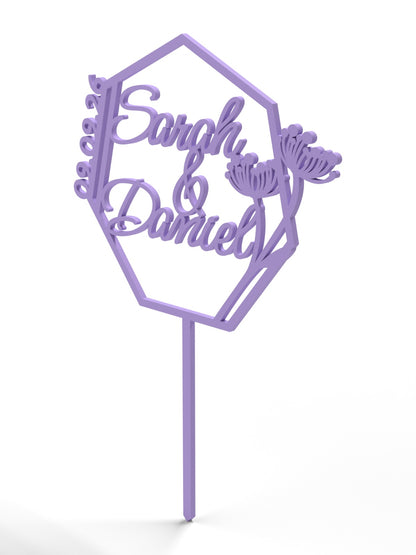 Hochzeit Cake Topper "Namen im Vieleck mit Blüten" Personalisiert - Happy Bumblebee