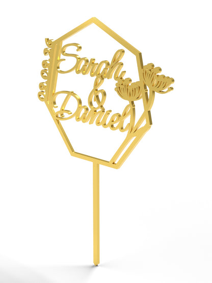 Hochzeit Cake Topper "Namen im Vieleck mit Blüten" Personalisiert - Happy Bumblebee
