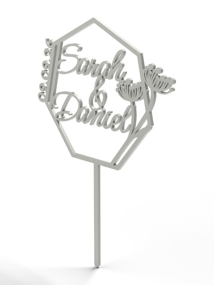 Hochzeit Cake Topper "Namen im Vieleck mit Blüten" Personalisiert - Happy Bumblebee