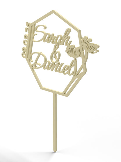Hochzeit Cake Topper "Namen im Vieleck mit Blüten" Personalisiert - Happy Bumblebee