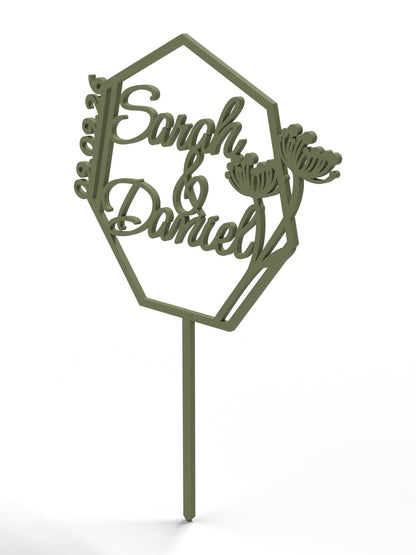 Hochzeit Cake Topper "Namen im Vieleck mit Blüten" Personalisiert - Happy Bumblebee