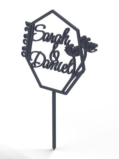 Hochzeit Cake Topper "Namen im Vieleck mit Blüten" Personalisiert - Happy Bumblebee