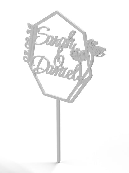 Hochzeit Cake Topper "Namen im Vieleck mit Blüten" Personalisiert - Happy Bumblebee