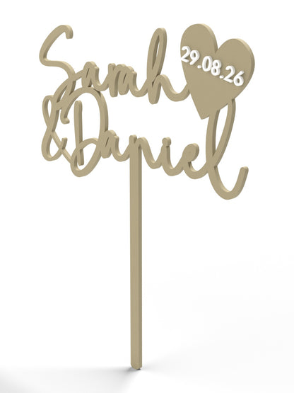 Hochzeit Cake Topper "Namen mit Datumsherz" Personalisiert - Happy Bumblebee
