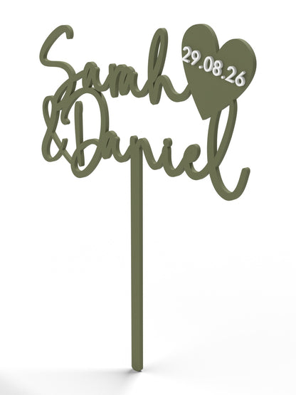 Hochzeit Cake Topper "Namen mit Datumsherz" Personalisiert - Happy Bumblebee