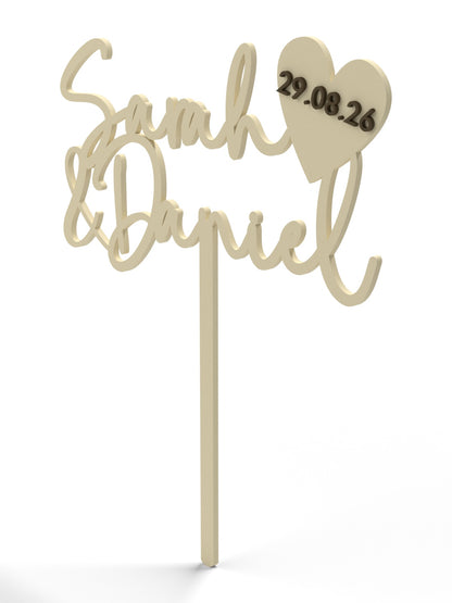 Hochzeit Cake Topper "Namen mit Datumsherz" Personalisiert - Happy Bumblebee