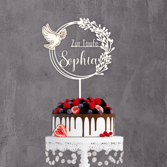 Taufe Cake Topper "Taube" Personalisiert aus Holz - Happy Bumblebee