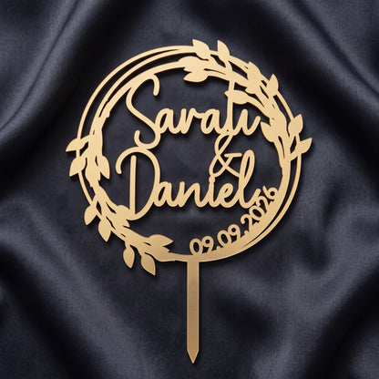 Hochzeit Cake Topper Lorbeerkranz in Gold auf dunkler Seide