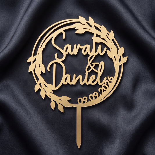Hochzeit Cake Topper Lorbeerkranz in Gold auf dunkler Seide